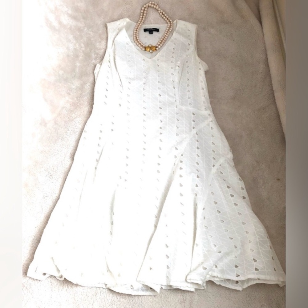 White Sleeveless Eyelet fit and flare V-neck Dress